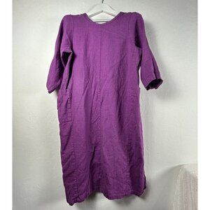 Hand Made Womens Linen Shift Dress Size L/XL Purple 3/4 Sleeve Side Pockets